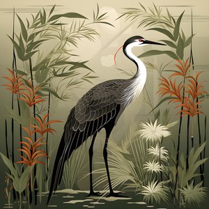 Una bella illustrazione giapponese di una gru e bambù 3