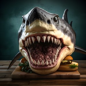 Grande cheeseburger con testa di squalo e carne di manzo su tavola di legno 1