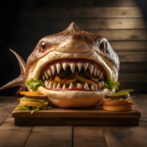 Grande cheeseburger con testa di squalo e carne di manzo su tavola di legno 2