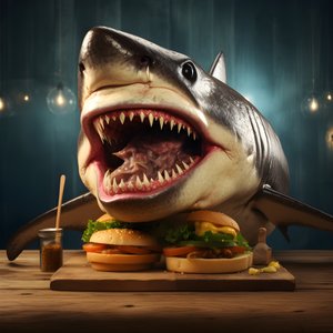 Grande cheeseburger con testa di squalo e carne di manzo su tavola di legno 3