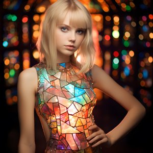 bella ragazza bionda di 14 anni con un vestito colorato in vetro Tiffany 1