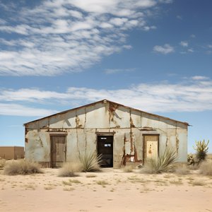 Immagine fotografica iperrealista di un vecchio magazzino logoro con vernice sbiadita e finestre inchiodate