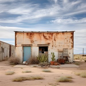 Immagine fotografica iperrealista di un vecchio magazzino logoro con vernice sbiadita e finestre inchiodate