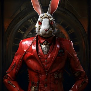 Coniglio androide maschile antropomorfo cyberpunk con cappotto rosso 2
