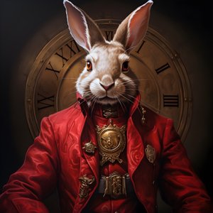 Coniglio androide maschile antropomorfo cyberpunk con cappotto rosso 3