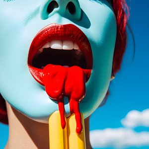 super vicino a un colorato ghiacciolo che si scioglie accanto alla bocca di una donna 3