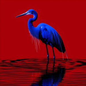 Arte digitale synthwave di un airone blu cobalto esotico su carta rossa 2 da Kurt Heppke