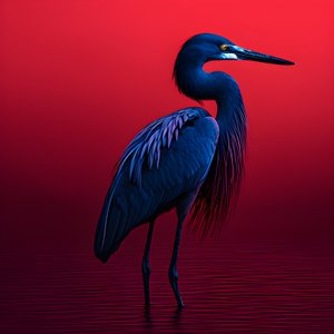 Arte digitale synthwave di un airone blu cobalto esotico su carta rossa 3 da Kurt Heppke