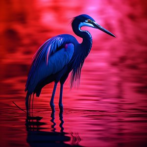Arte digitale synthwave di un airone blu cobalto esotico su carta rossa 4
