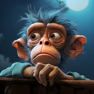 disegno di una scimmia Joey con un occhio nello stile di studi di carattere surreale emotivo, colorato, pose pensierose, topcor 58mm f/1.4, illustrazioni caricaturali, #vfxfriday, maestro della solarizzazione 3