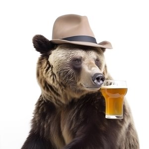 un orso con un cappello a cilindro e una birra di fronte e di profilo su sfondo bianco