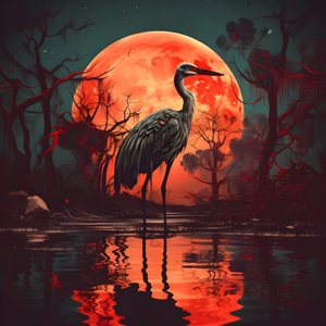 acqua e un grande uccello al tramonto con luna piena 1