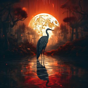 acqua e un grande uccello al tramonto con luna piena 3