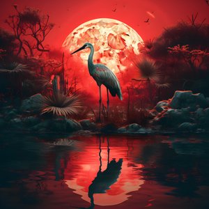 acqua e un grande uccello al tramonto con luna piena 4