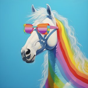 Cavallo bianco con occhiali arcobaleno su sfondo blu 2