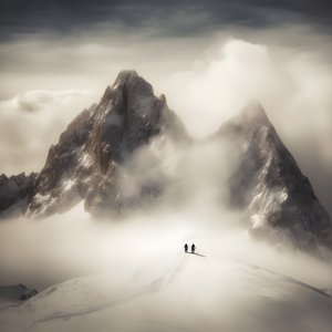 Due persone che sciano su una montagna coperta di nuvole 2