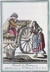 Poissarde di Bordeaux che litiga con un mercante di ostriche della testa di Buch - in "Enciclopedia dei viaggi" di J. Grasset St Sauveur, Deron, Parigi da L.F. Labrousse