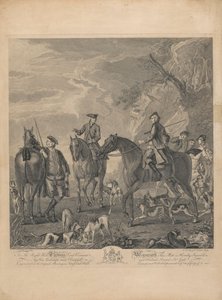 Set di sette, senza titolo, ciascuno dedicato: Al Diritto Onorevole Thomas Lord Viscount Weymouth...dal dipinto originale a Long Leat Hall. [Cavalieri e cani che riposano in un paesaggio roccioso.]