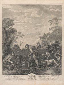Un set di sette, senza titolo, ciascuno dedicato: Al molto onorevole Thomas Lord Viscount Weymouth...dal dipinto originale nella Long Leat Hall. [Tre uomini che scavano una tana di volpe, osservati con impazienza dai cani...]