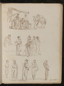 Bancarella di fruttivendoli con donne e un uomo che fuma, studio di cinque gentiluomini, studio di cinque soldati etichettati 