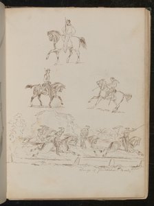 Studi di soldati a cavallo, la scena di gruppo è iscritta 