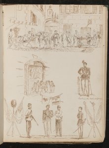 Scena di città con soldati che bevono, studio di una bancarella di mercato, studio di una guardia nazionale piemontese, studio di quattro soldati e bandiere incrociate da Lady Butler