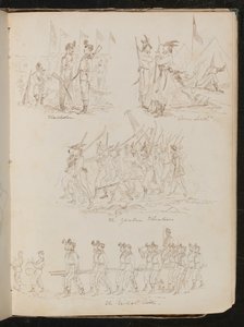 Quattro scene di battaglione con iscrizione "Wimbledon", "Down South", "The Yankee Volunteers", "The British Ditto" con vari tipi di soldati da Lady Butler