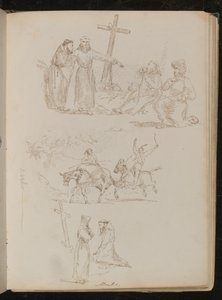 Quattro figure accanto a una croce di legno, studio di due giovani con bastoni su asini, studio di due monaci, uno inginocchiato davanti a una croce di legno