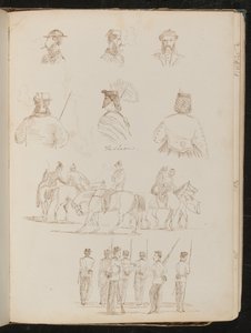 Quattro studi di busti maschili, due di una donna con parasole, studio di gruppo di uomini e donne a cavallo, studio di gruppo di soldati