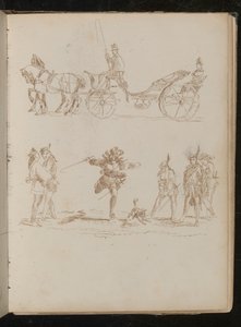 Ufficiale in abito completo con cilindro e spalline che cavalca in carrozza trainata da cavalli, studio di sei soldati mediterranei e un cane