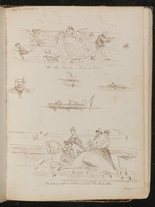 "In parata, un giorno ventoso", barche con escursionisti, cavalieri a cavallo con iscrizione "cavalcando con il maestro" da Lady Butler