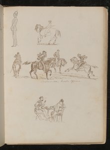 Soldato in uniforme completa, studi di un giovane con canna da pesca a cavallo, quattro uomini a cavallo iscritti "Ufficiali di cavalleria piemontesi" da Lady Butler