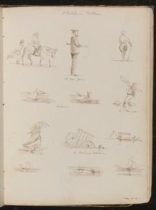 Studi di bambini, un marinaio iscritto "Una guardia costiera", sei studi di barche iscritti "Cutter", un pescatore di gamberetti, una donna con un parasole, datato "27 maggio-61"