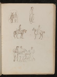 Studi di figure maschili con cavalli, studio di soldato che fuma e con spada, studio di tre venditori di frutta con bancarella da Lady Butler