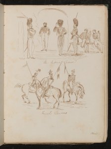 Studi di soldati con iscrizione "Imperial Guards", soldati con bandiere a cavallo con iscrizione "French Lancers" da Lady Butler