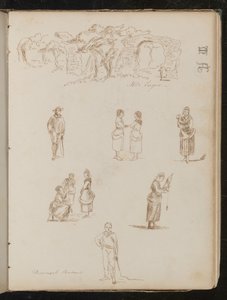 Studio di paesaggio con alberi e archi in rovina iscritti "Vicino a Frejus", sei studi di figure iscritti "Contadini provenzali" da Lady Butler