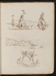 Tre studi di isole rocciose, un paesaggio acquatico con persone e barche, e palme da Lady Butler