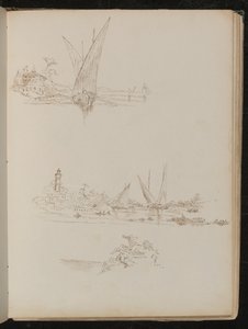 Tre studi di navi, barche e paesaggio costiero da Lady Butler