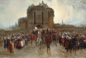 Al fronte: cavalleria francese che lascia una città bretone alla dichiarazione di guerra, 1888-89 da Lady Butler