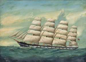 La nave a quattro alberi Romsdal che si fa largo tra le onde