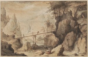 Disegnatore su una pietra davanti a un ponte da Lambert Doomer