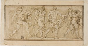 Fregio di satiri che indossano pelli di leone e suonano flauti
