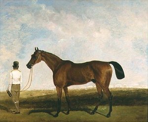 Un groom che conduce un cavallo da corsa baio da Lambert Marshall