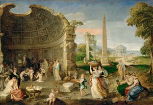 Paesaggio con rovine antiche e donne che fanno il bagno... (olio su tela)