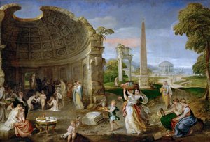 Paesaggio con rovine antiche e donne che si bagnano