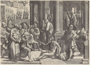 Pietro e Giovanni guariscono uno storpio alla porta del tempio da Lambertus Suavius