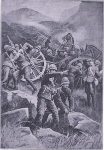 Un cannone rovesciato su una collina, da Dopo Pretoria: La guerra di guerriglia pubblicata da Harmsworth Bros Limited, 1901 da Lancelot Speed