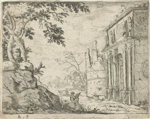 Disegnatore presso le rovine di un arco di trionfo (serie: Paesaggi italiani con rovine)