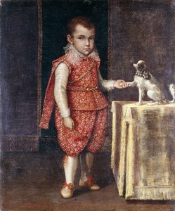 Ritratto di un ragazzo, a figura intera, con un costume rosso ricamato in argento, che tiene la zampa di uno spaniel su un tavolo