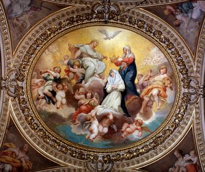 La Santa Vergine che incorona Santa Rosa da Lima con Gesù e lo Spirito Santo (dipinto) da Lazzaro Baldi